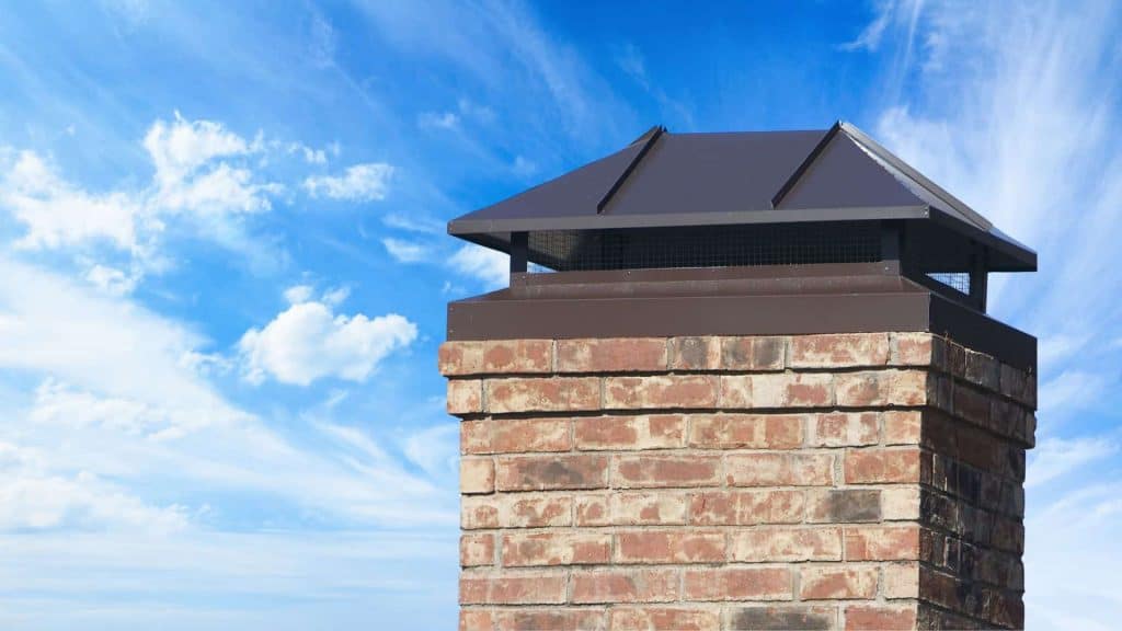 A brick chimney with a metal cap from Chimney Company stands tall against a bright blue sky, dotted with scattered white clouds.