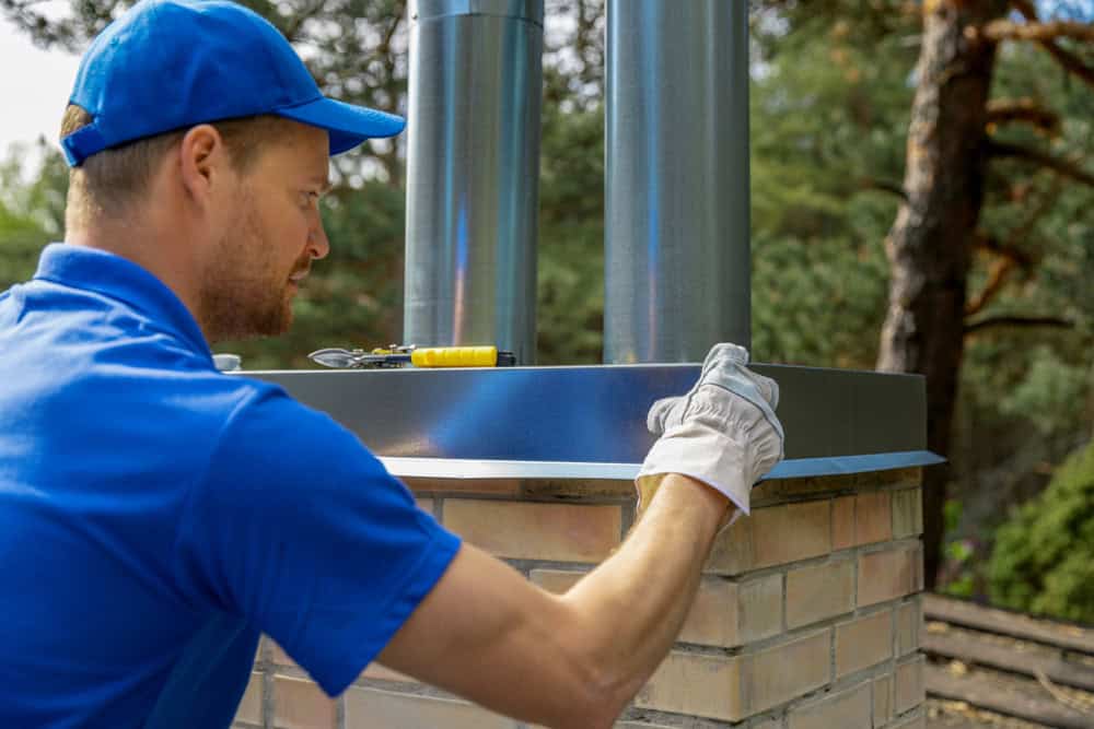 A chimney sweep in a blue uniform and cap is skillfully adjusting metal flashing around a chimney on a brick roof. Wearing white gloves and using his trusted tools, he expertly ensures everything is secure. Trees and a clear sky provide a serene backdrop to his diligent work.