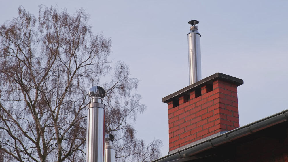 A red brick chimney with a metal cap graces the rooftop, hinting at recent attention from a skilled chimney sweep. Nearby, two shiny metal chimneys stand tall. In the background, a bare tree reaches into the clear sky.