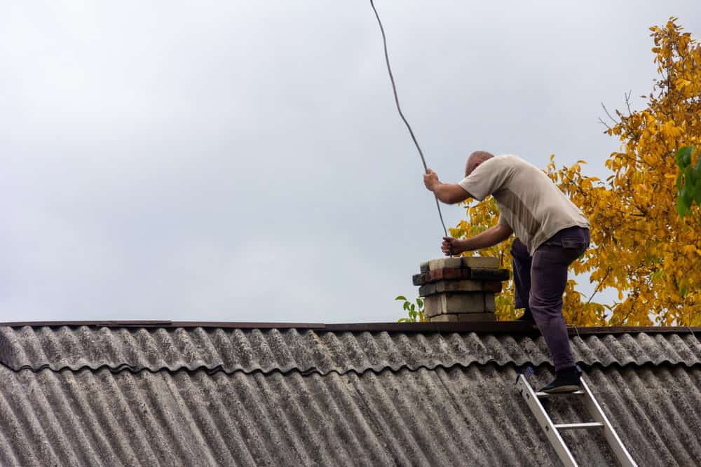 A person stands on a ladder, expertly chimney sweeping atop a corrugated metal roof. They hold a tool, framed by autumn trees and an overcast sky.