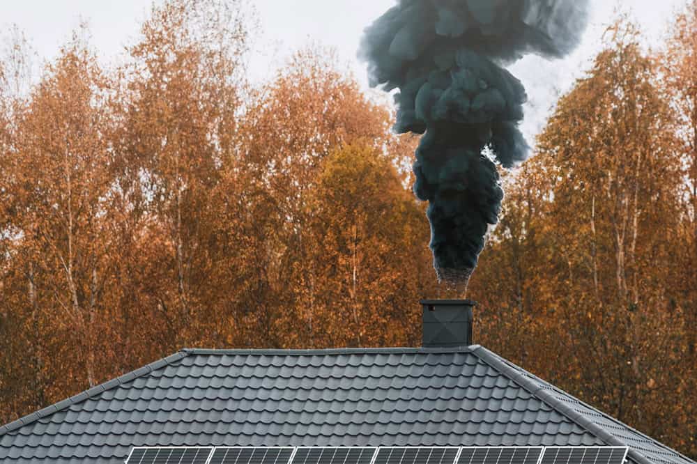 A house with solar panels on the roof is emitting thick black smoke from its chimney against a backdrop of autumn trees, highlighting the need for expert chimney cleaning.