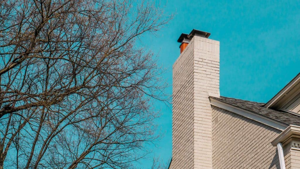 A bare tree stands beside a beige brick chimney against a clear blue sky. The rooftop and chimney, well-maintained by a local chimney company, are part of a house partially visible on the right.